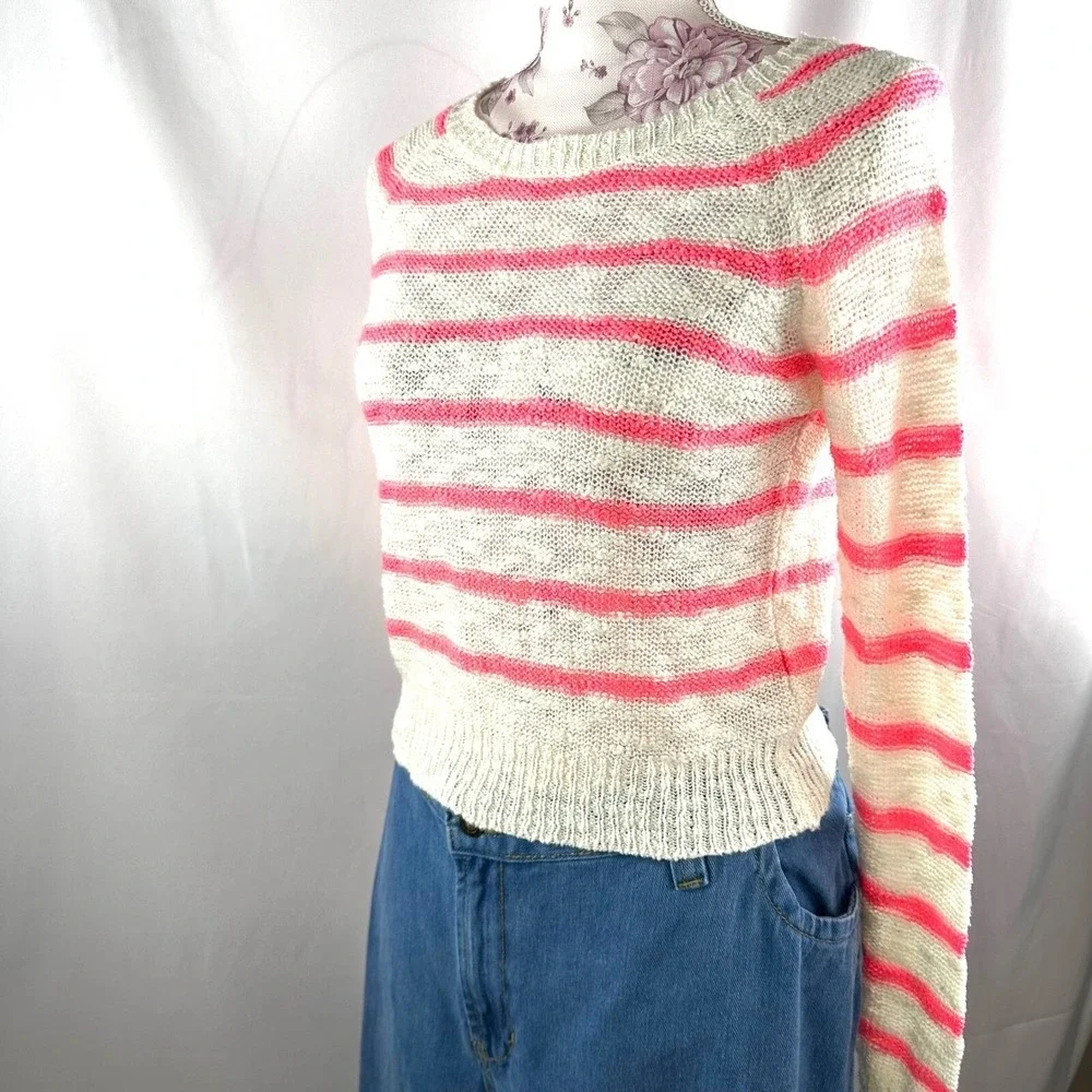 dELiA*s Pink White Cute Striped Knit Sweater Lightweight Pullover XS Valentine's